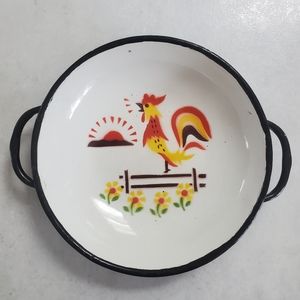 Vintage Enamel Rooster & Flowers Dish Bowl Country Kitchen Decor